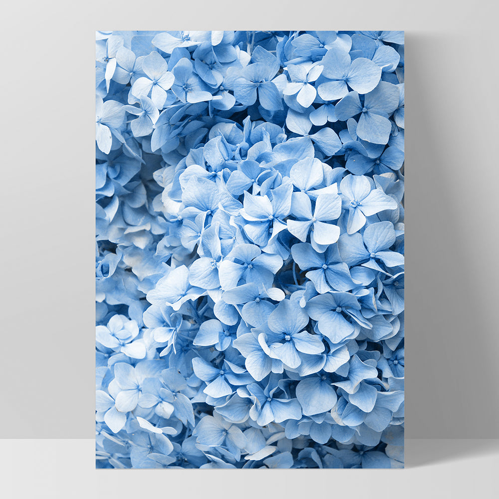 Blue Hydrangea Detail - Art Print, Poster, Stretched Canvas, or Framed Wall Art Print, shown as a stretched canvas or poster without a frame