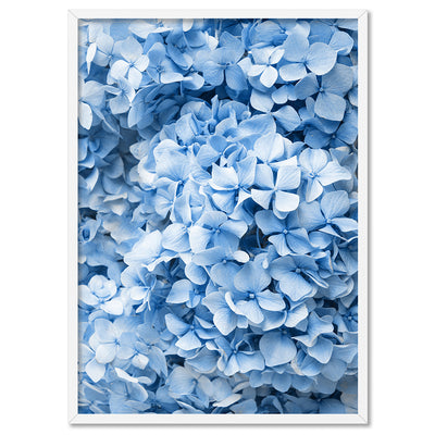 Blue Hydrangea Detail - Art Print, Poster, Stretched Canvas, or Framed Wall Art Print, shown in a white frame