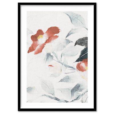 Oriental Paper Flowers Linen I - Art Print, Poster, Stretched Canvas, or Framed Wall Art Print, shown in a black frame