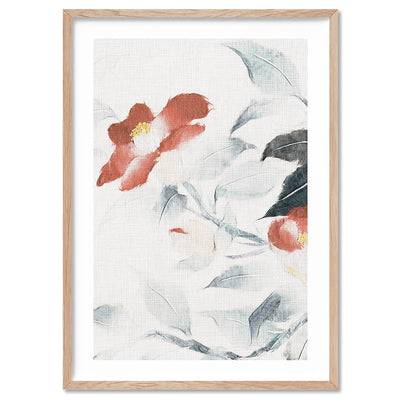 Oriental Paper Flowers Linen I - Art Print, Poster, Stretched Canvas, or Framed Wall Art Print, shown in a natural timber frame