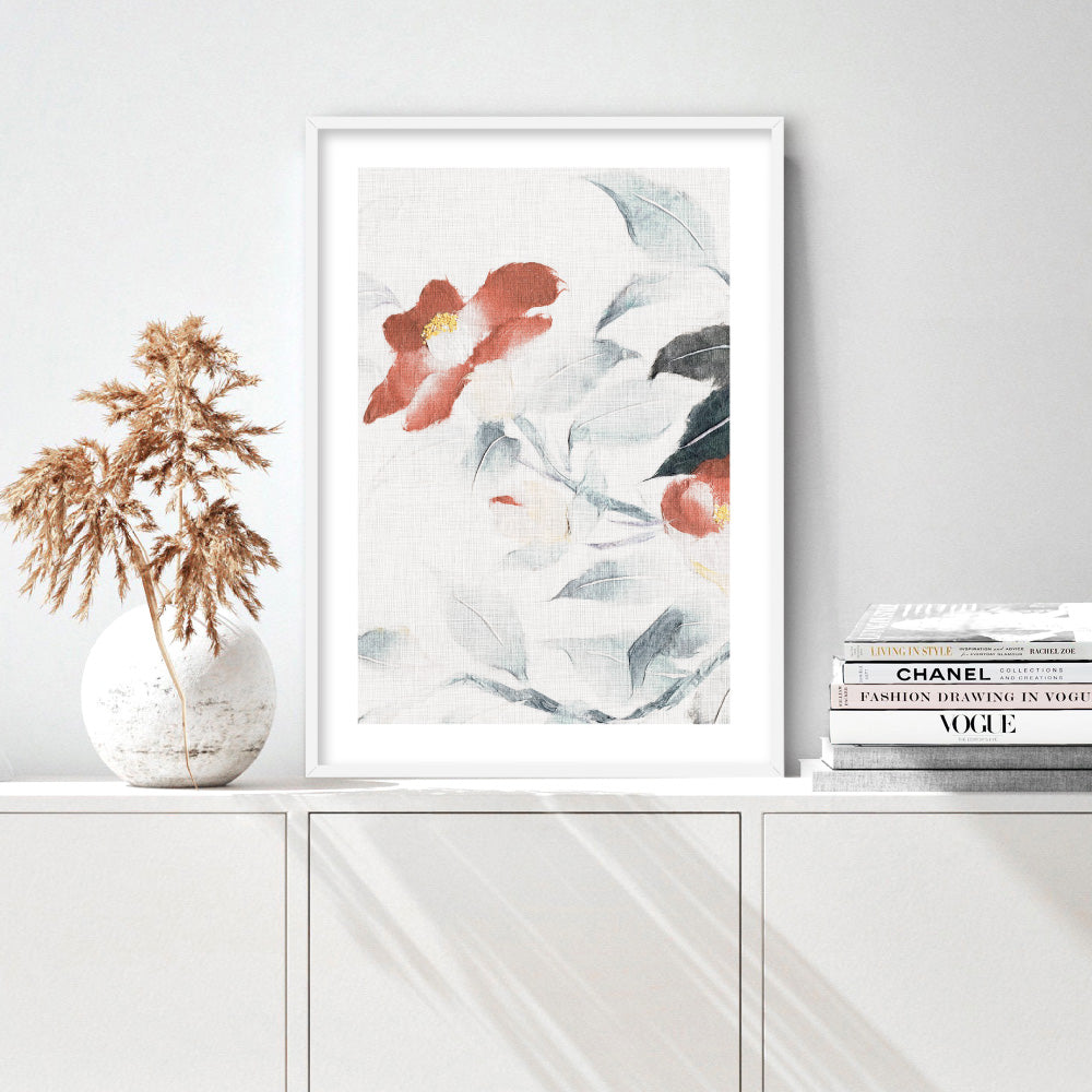 Oriental Paper Flowers Linen I - Art Print, Poster, Stretched Canvas or Framed Wall Art Prints, shown framed in a room