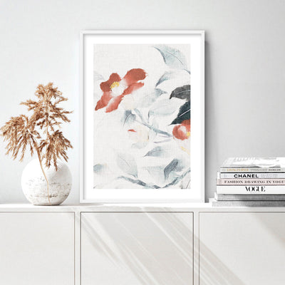 Oriental Paper Flowers Linen I - Art Print, Poster, Stretched Canvas or Framed Wall Art Prints, shown framed in a room