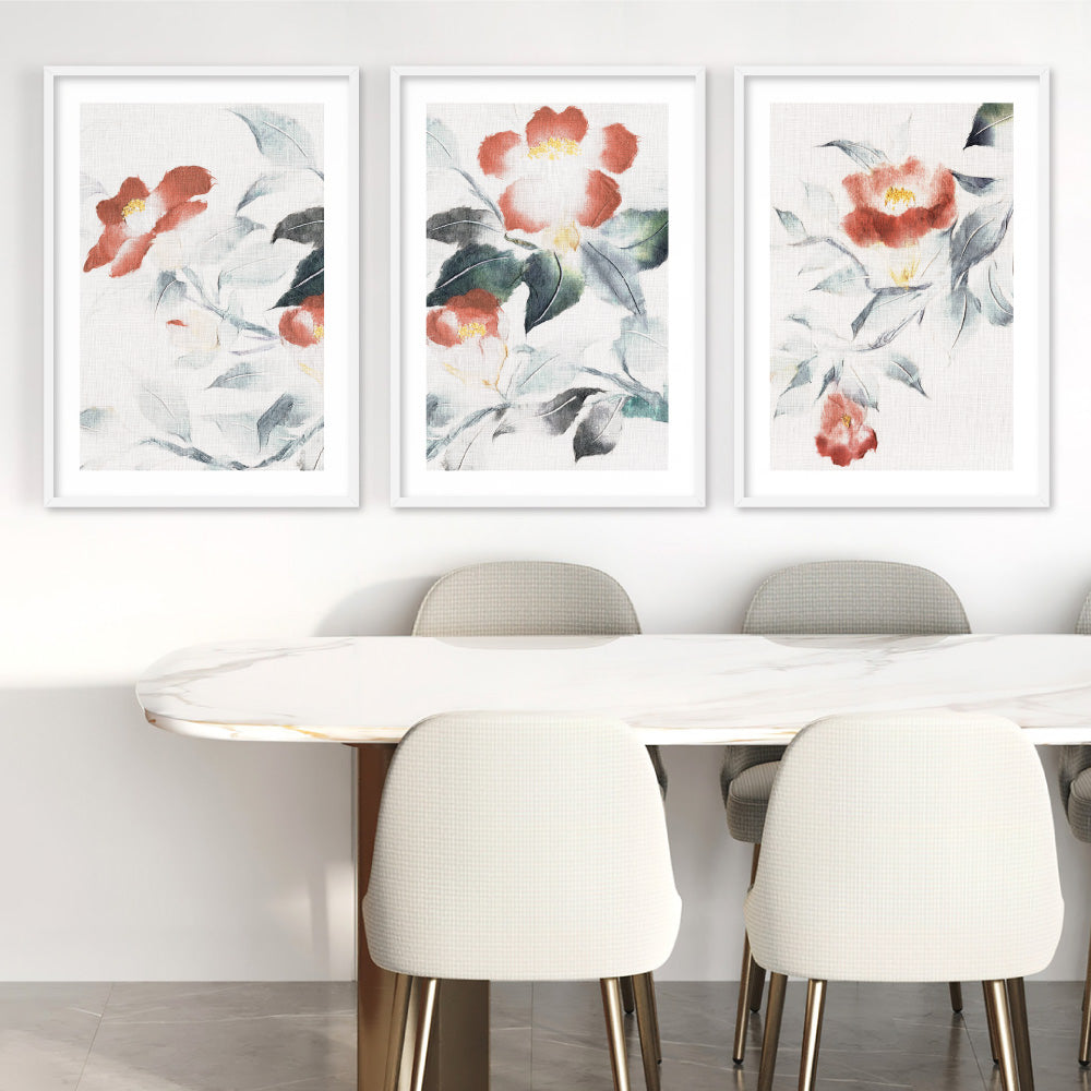 Oriental Paper Flowers Linen I - Art Print, Poster, Stretched Canvas or Framed Wall Art, shown framed in a home interior space
