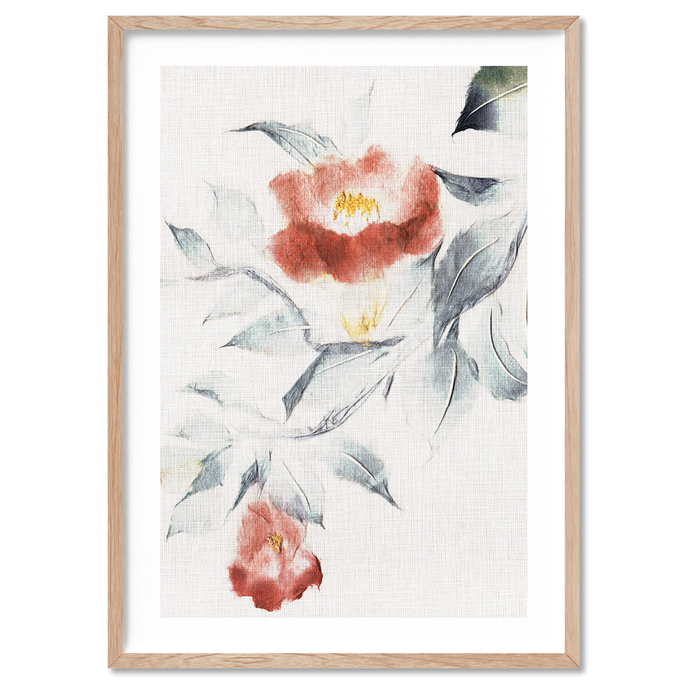 Oriental Paper Flowers Linen II - Art Print, Poster, Stretched Canvas, or Framed Wall Art Print, shown in a natural timber frame