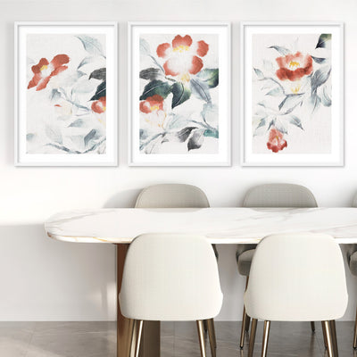 Oriental Paper Flowers Linen III - Art Print, Poster, Stretched Canvas or Framed Wall Art, shown framed in a home interior space