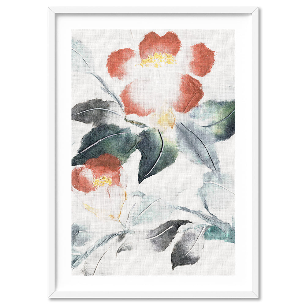 Oriental Paper Flowers Linen III - Art Print, Poster, Stretched Canvas, or Framed Wall Art Print, shown in a white frame