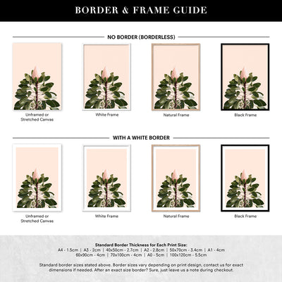 King Protea en Blush - Art Print, Poster, Stretched Canvas or Framed Wall Art, Showing White , Black, Natural Frame Colours, No Frame (Unframed) or Stretched Canvas, and With or Without White Borders