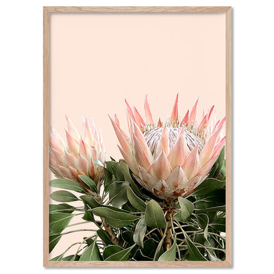 Protea Duo en Blush - Art Print, Poster, Stretched Canvas, or Framed Wall Art Print, shown in a natural timber frame
