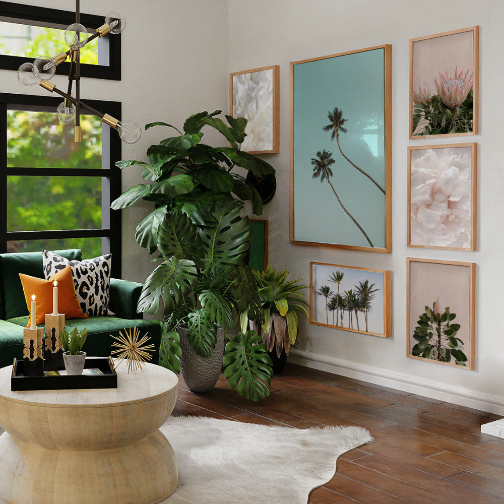 Protea Duo en Blush - Art Print, Poster, Stretched Canvas or Framed Wall Art, shown framed in a home interior space