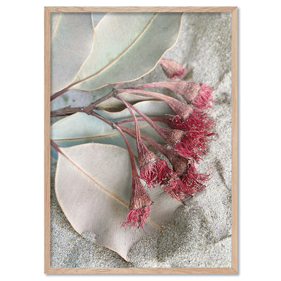 Dried Gum Flowers on the Beach - Art Print, Poster, Stretched Canvas, or Framed Wall Art Print, shown in a natural timber frame
