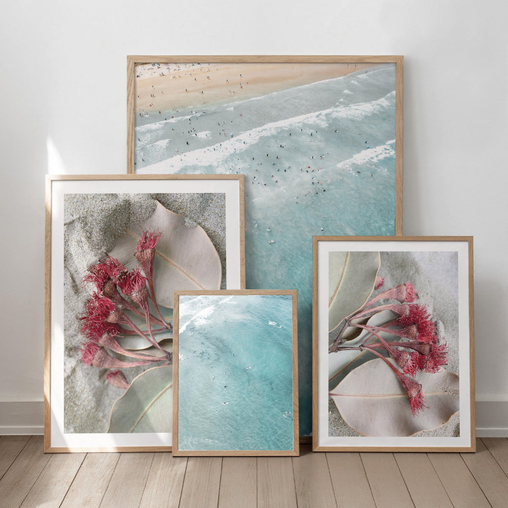 Dried Gum Flowers on the Beach - Art Print, Poster, Stretched Canvas or Framed Wall Art, shown framed in a home interior space