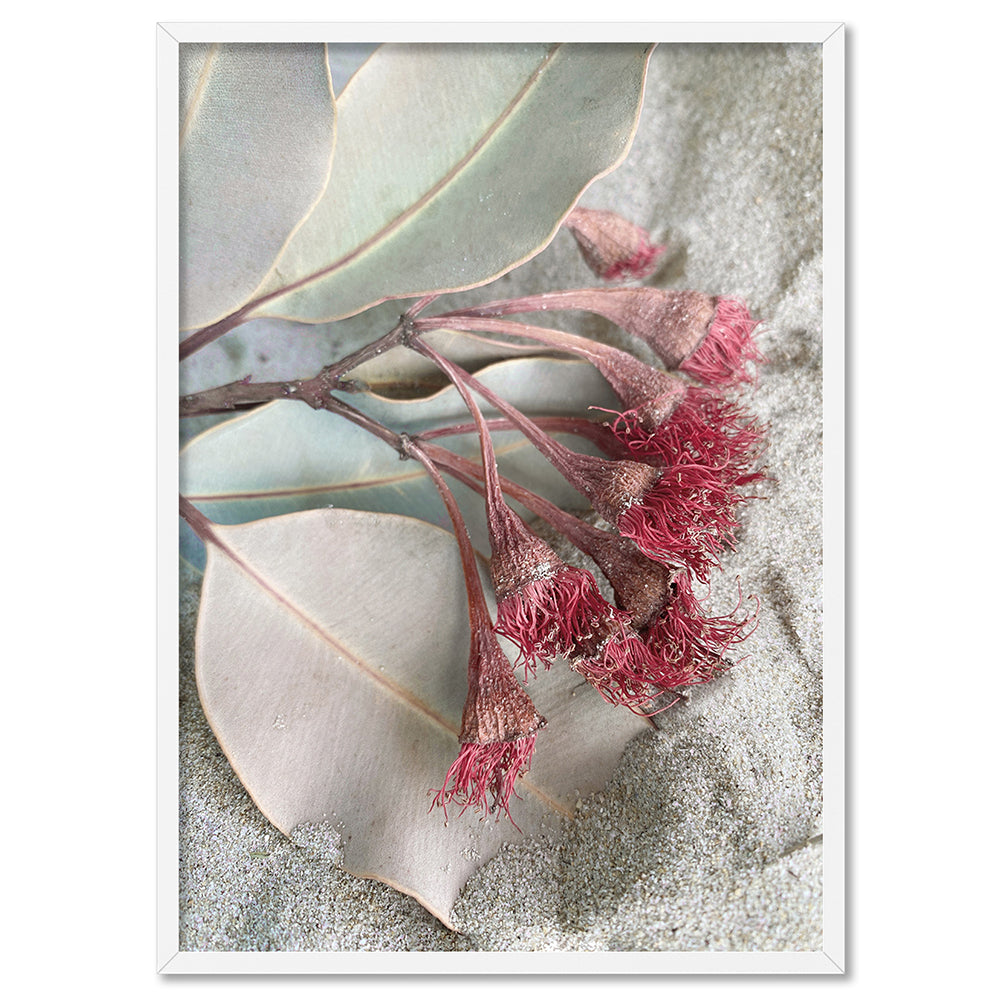 Dried Gum Flowers on the Beach - Art Print, Poster, Stretched Canvas, or Framed Wall Art Print, shown in a white frame
