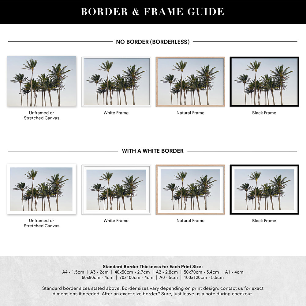 Palms at Dusk - Art Print, Poster, Stretched Canvas or Framed Wall Art, Showing White , Black, Natural Frame Colours, No Frame (Unframed) or Stretched Canvas, and With or Without White Borders