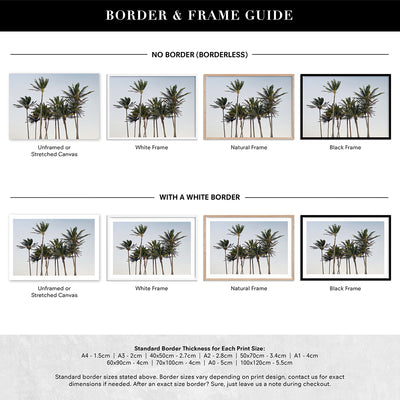 Palms at Dusk - Art Print, Poster, Stretched Canvas or Framed Wall Art, Showing White , Black, Natural Frame Colours, No Frame (Unframed) or Stretched Canvas, and With or Without White Borders
