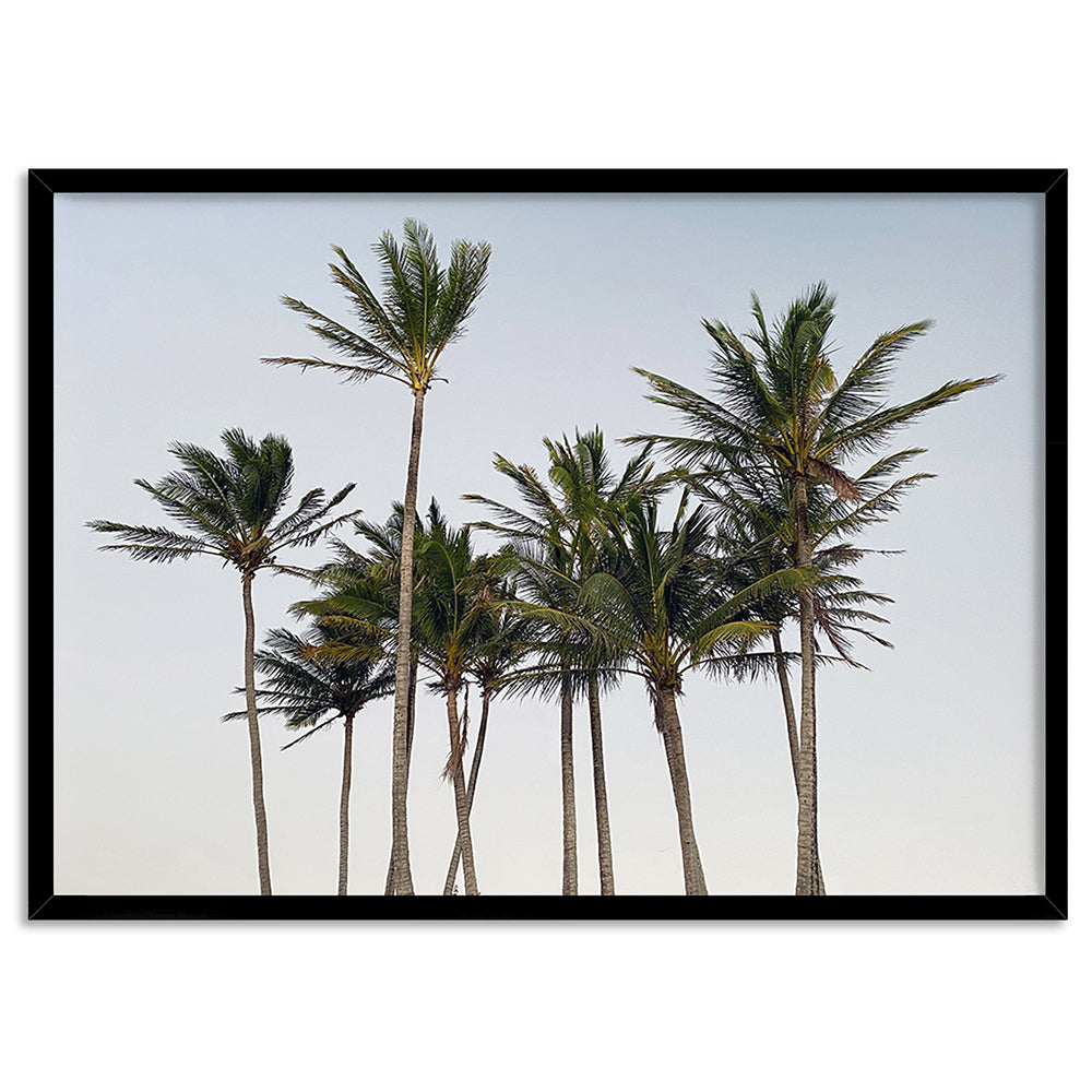 Palms at Dusk - Art Print, Poster, Stretched Canvas, or Framed Wall Art Print, shown in a black frame