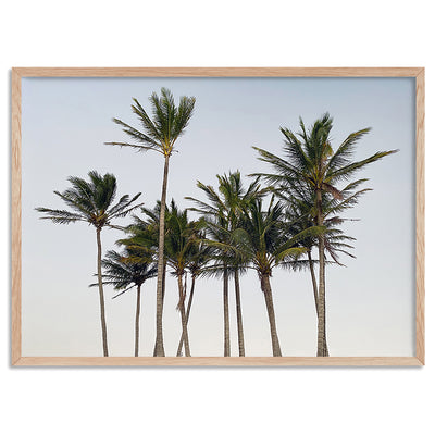 Palms at Dusk - Art Print, Poster, Stretched Canvas, or Framed Wall Art Print, shown in a natural timber frame