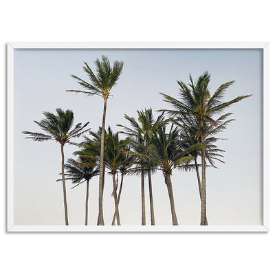 Palms at Dusk - Art Print, Poster, Stretched Canvas, or Framed Wall Art Print, shown in a white frame