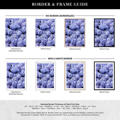 Purple Hydrangea Detail - Art Print, Poster, Stretched Canvas or Framed Wall Art, Showing White , Black, Natural Frame Colours, No Frame (Unframed) or Stretched Canvas, and With or Without White Borders