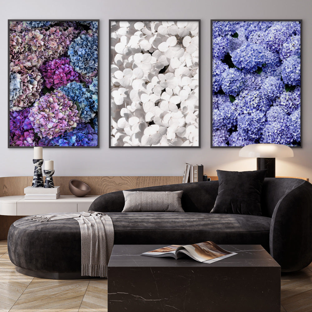Purple Hydrangea Detail - Art Print, Poster, Stretched Canvas or Framed Wall Art, shown framed in a home interior space