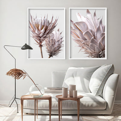 King Protea Close up in Blush - Art Print, Poster, Stretched Canvas or Framed Wall Art, shown framed in a home interior space