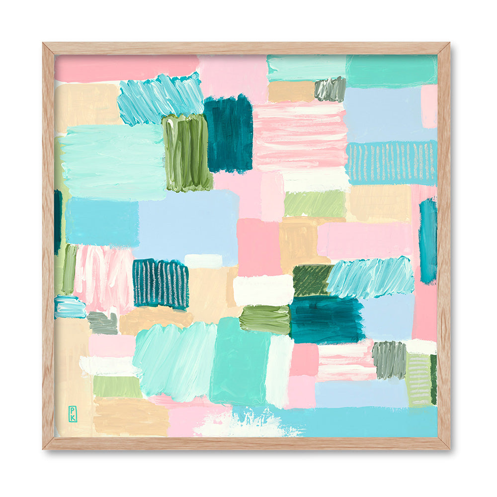 Bayside Beach Box I - Square Art Print by Poppy Key, Poster, Stretched Canvas, or Framed Wall Art Print, shown in a natural timber frame