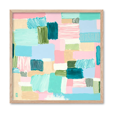 Bayside Beach Box I - Square Art Print by Poppy Key, Poster, Stretched Canvas, or Framed Wall Art Print, shown in a natural timber frame