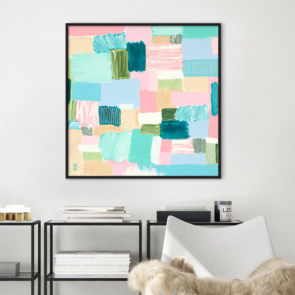Bayside Beach Box I - Square Art Print by Poppy Key, Poster, Stretched Canvas or Framed Wall Art Prints, shown framed in a room