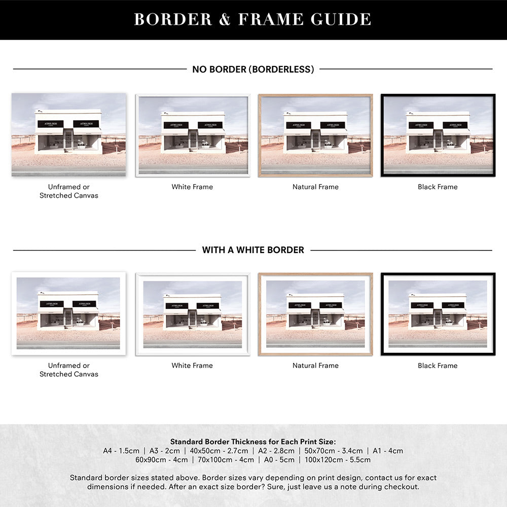 Marfa Store Texas in Blush - Art Print, Poster, Stretched Canvas or Framed Wall Art, Showing White , Black, Natural Frame Colours, No Frame (Unframed) or Stretched Canvas, and With or Without White Borders