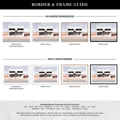 Marfa Store Texas in Blush - Art Print, Poster, Stretched Canvas or Framed Wall Art, Showing White , Black, Natural Frame Colours, No Frame (Unframed) or Stretched Canvas, and With or Without White Borders