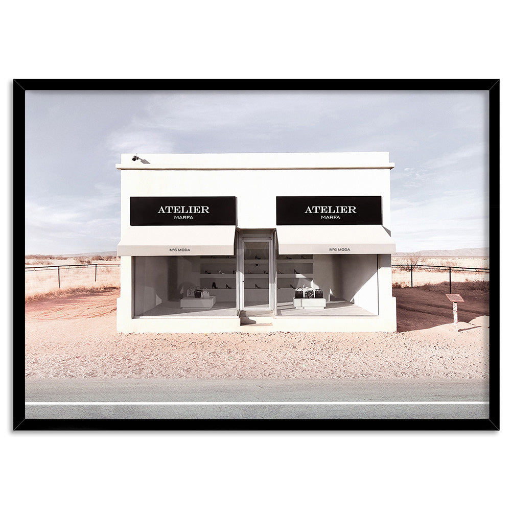 Marfa Store Texas in Blush - Art Print, Poster, Stretched Canvas, or Framed Wall Art Print, shown in a black frame