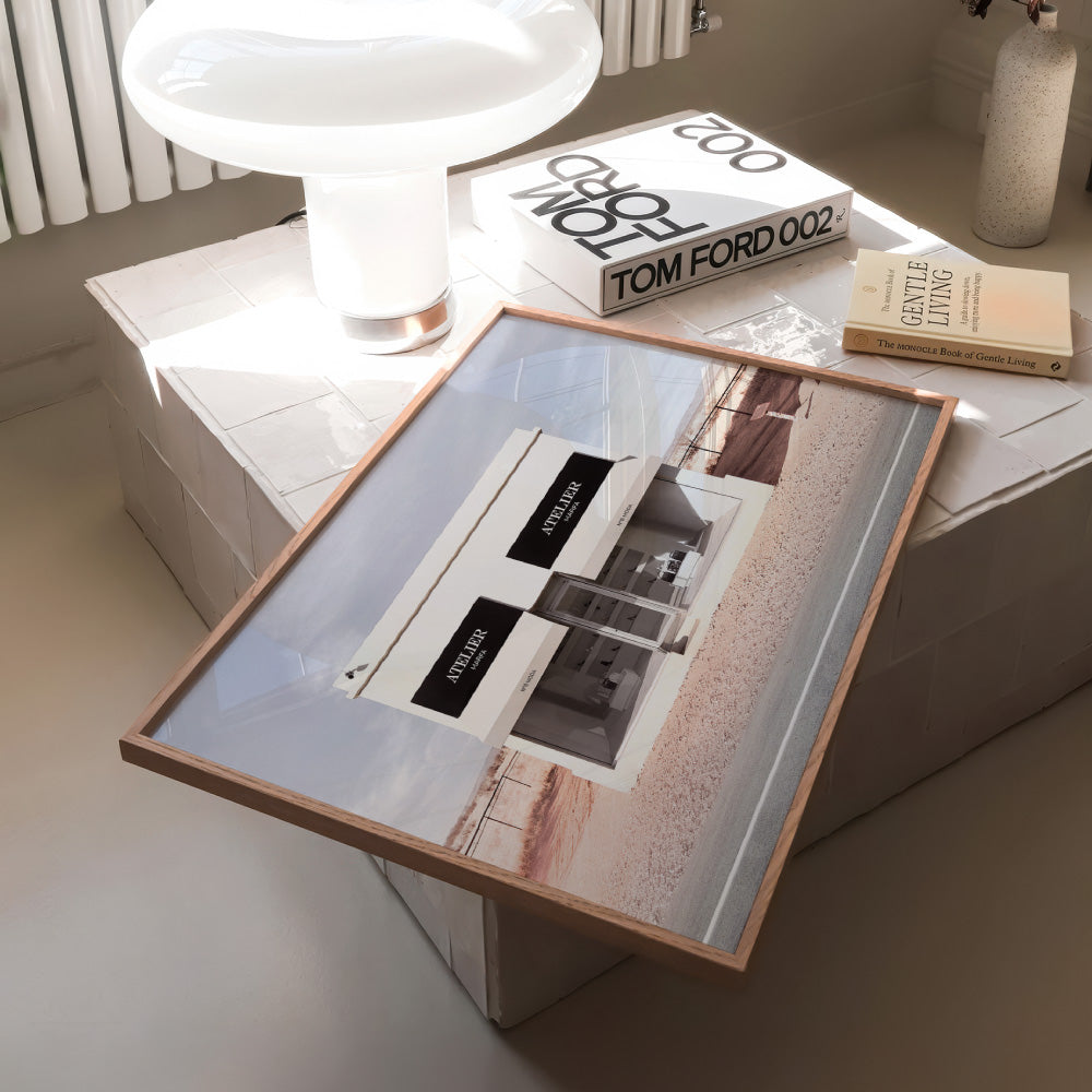 Marfa Store Texas in Blush - Art Print, Poster, Stretched Canvas or Framed Wall Art Prints, shown framed in a room