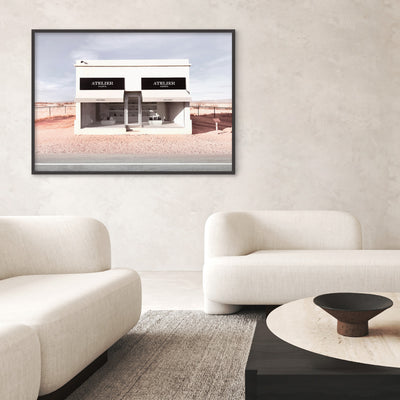 Marfa Store Texas in Blush - Art Print, Poster, Stretched Canvas or Framed Wall Art, shown framed in a home interior space