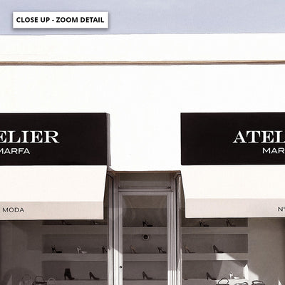 Marfa Store Texas in Blush - Art Print, Poster, Stretched Canvas or Framed Wall Art, Close up View of Print Resolution