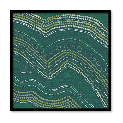 Bayi Wallan Heavy Rain Green - Square Art Print by Renee Molineaux, Poster, Stretched Canvas, or Framed Wall Art Print, shown in a black frame
