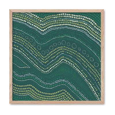 Bayi Wallan Heavy Rain Green - Square Art Print by Renee Molineaux, Poster, Stretched Canvas, or Framed Wall Art Print, shown in a natural timber frame