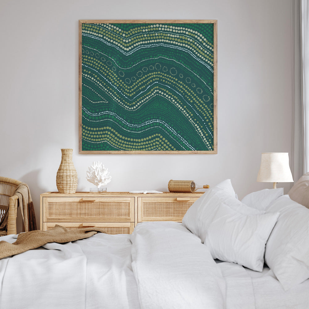 Bayi Wallan Heavy Rain Green - Square Art Print by Renee Molineaux, Poster, Stretched Canvas or Framed Wall Art Prints, shown framed in a room