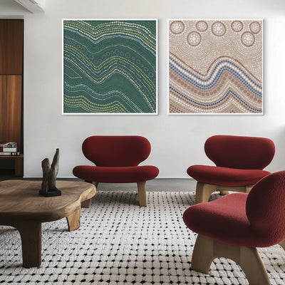 Bayi Wallan Heavy Rain Green - Square Art Print by Renee Molineaux, Poster, Stretched Canvas or Framed Wall Art, shown framed in a home interior space