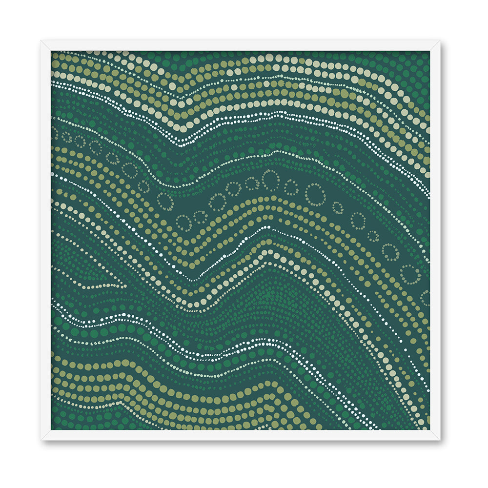 Bayi Wallan Heavy Rain Green - Square Art Print by Renee Molineaux, Poster, Stretched Canvas, or Framed Wall Art Print, shown in a white frame
