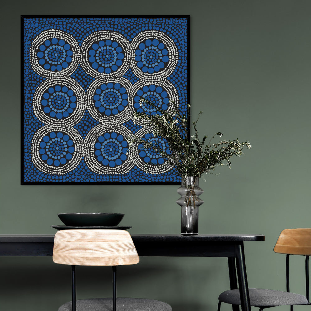 Wallan Rain Blue - Square Art Print by Renee Molineaux, Poster, Stretched Canvas or Framed Wall Art Prints, shown framed in a room