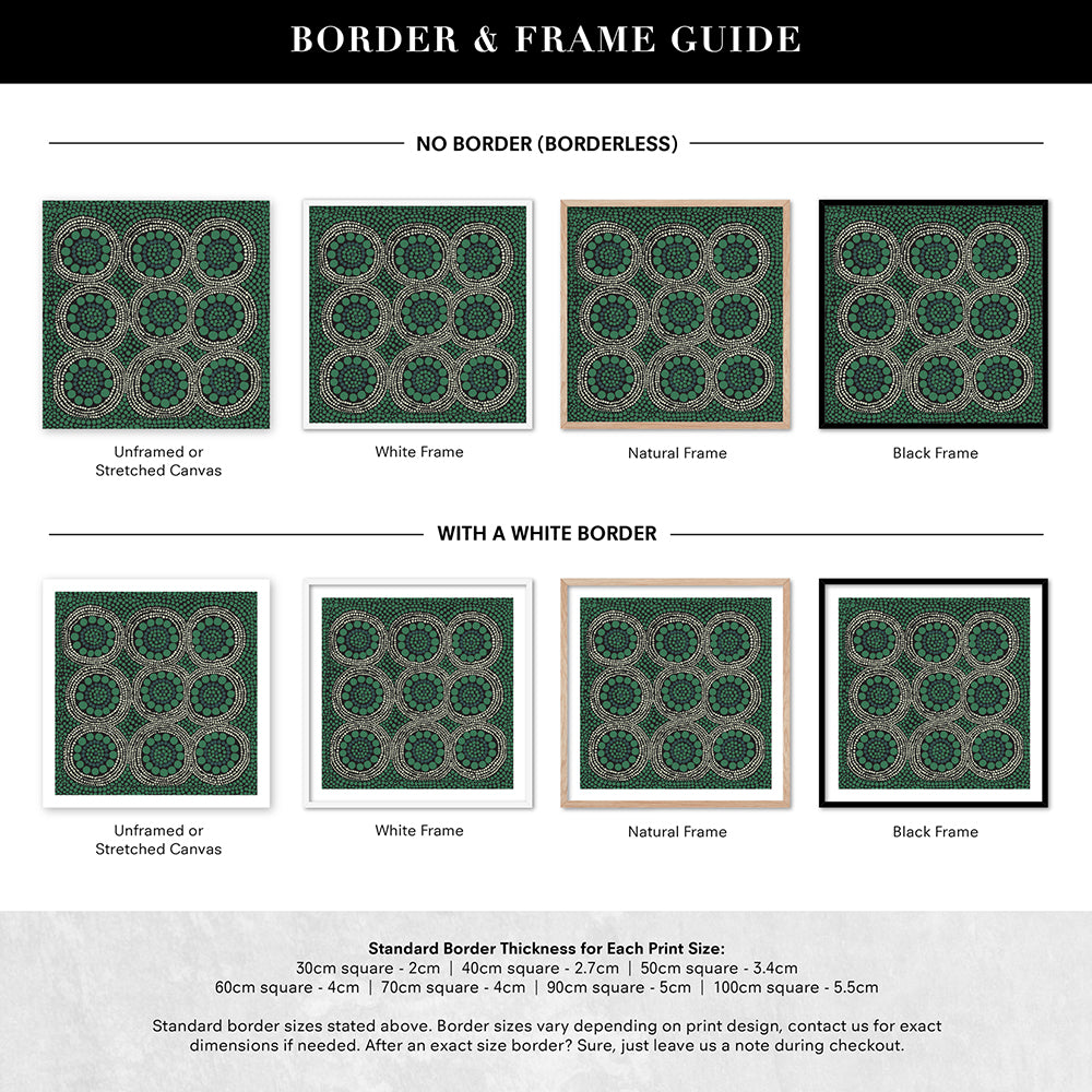 Wallan Rain Green - Square Art Print by Renee Molineaux, Poster, Stretched Canvas or Framed Wall Art, Showing White , Black, Natural Frame Colours, No Frame (Unframed) or Stretched Canvas, and With or Without White Borders