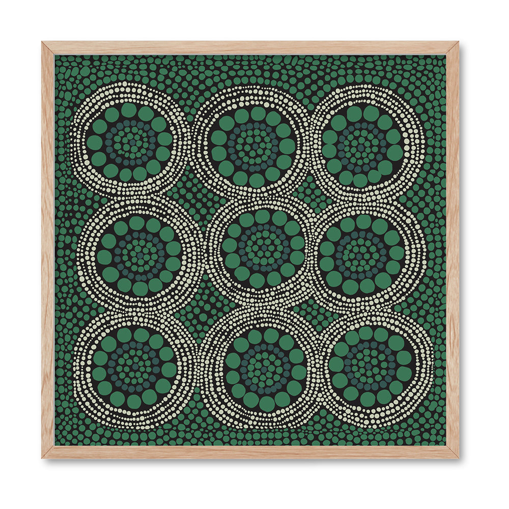 Wallan Rain Green - Square Art Print by Renee Molineaux, Poster, Stretched Canvas, or Framed Wall Art Print, shown in a natural timber frame
