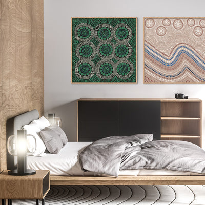 Wallan Rain Green - Square Art Print by Renee Molineaux, Poster, Stretched Canvas or Framed Wall Art, shown framed in a home interior space