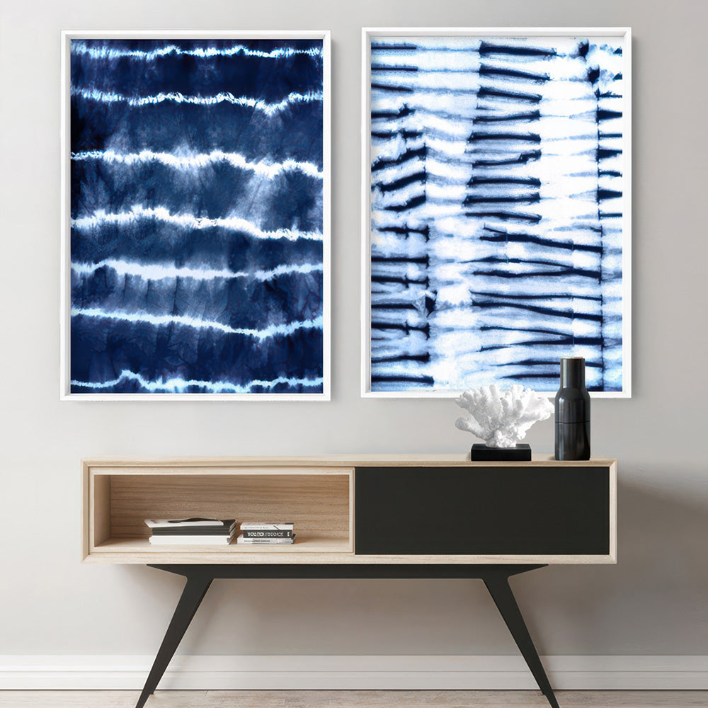 Shibori Indigo Tie Dye II - Art Print, Poster, Stretched Canvas or Framed Wall Art, shown framed in a home interior space