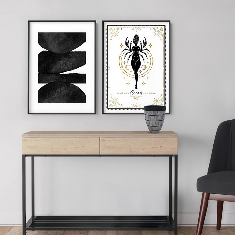 Cancer Star Sign | Tarot Card Style (faux look foil) - Art Print, Poster, Stretched Canvas or Framed Wall Art, shown framed in a home interior space