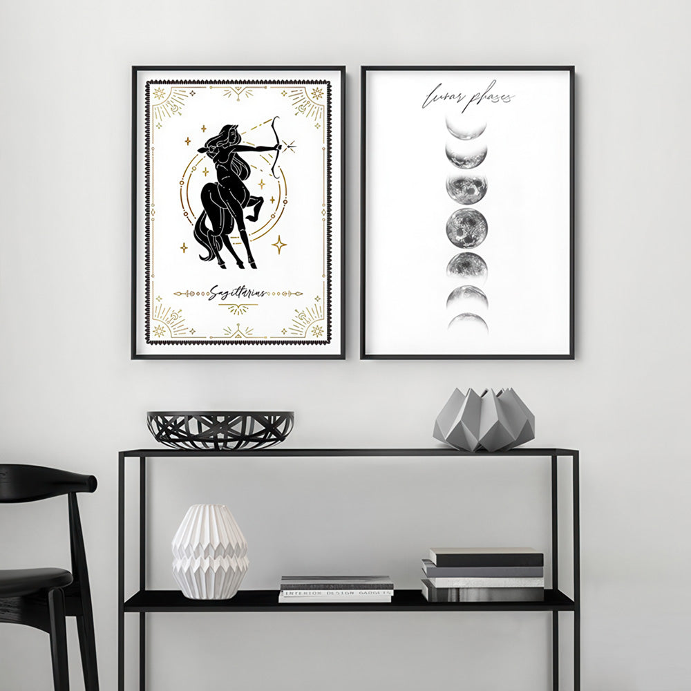 Sagittarius Star Sign | Tarot Card Style (faux look foil) - Art Print, Poster, Stretched Canvas or Framed Wall Art, shown framed in a home interior space