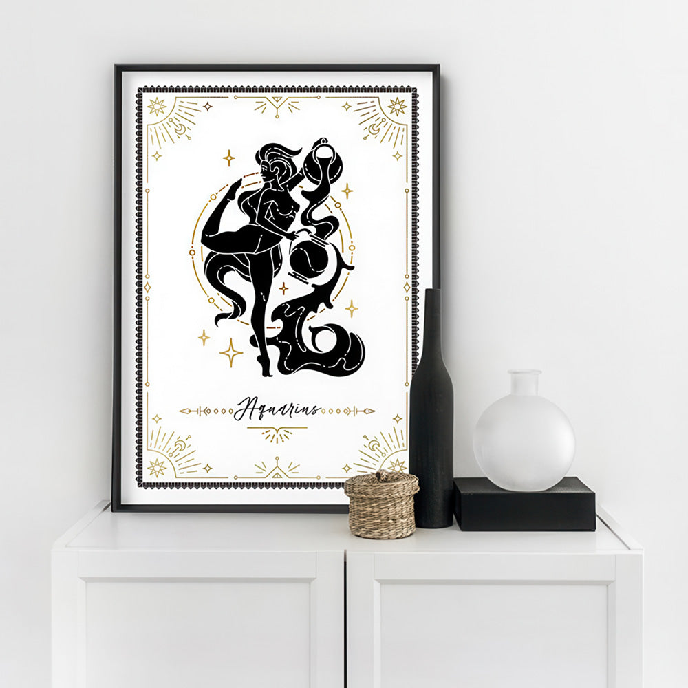 Aquarius Star Sign | Tarot Card Style (faux look foil) - Art Print, Poster, Stretched Canvas or Framed Wall Art Prints, shown framed in a room