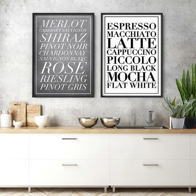 The Coffee List (white) - Art Print, Poster, Stretched Canvas or Framed Wall Art, shown framed in a home interior space