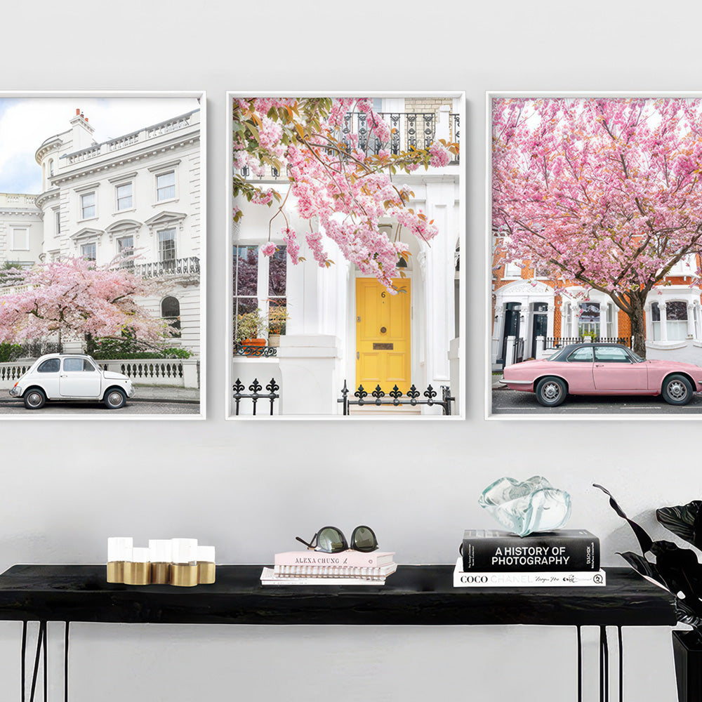 Yellow Door in London - Art Print by Victoria's Stories, Poster, Stretched Canvas or Framed Wall Art, shown framed in a home interior space