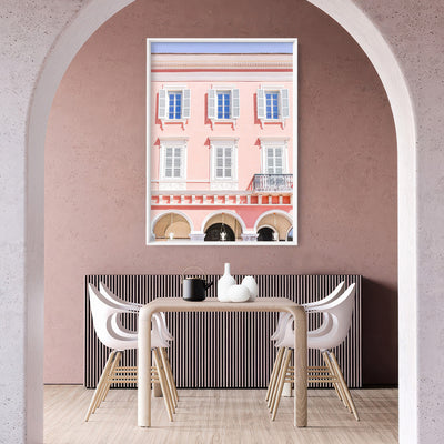 Pretty Pink Hotel France I - Art Print by Victoria's Stories, Poster, Stretched Canvas or Framed Wall Art Prints, shown framed in a room