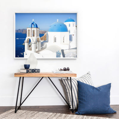 Santorini Blue Dome Church III - Art Print by Victoria's Stories, Poster, Stretched Canvas or Framed Wall Art Prints, shown framed in a room